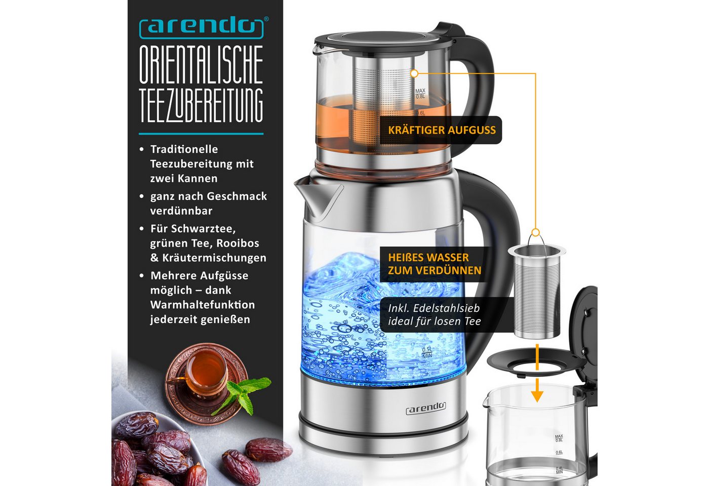 Arendo Wasserkocher 2in1 Glas-Wasserkocher & Teekocher mit Teesieb, Temperaturwahl, 1,7 l, 2200 W, Temperaturwahl 40 - 100 °C, Warmhaltefunktion, LED-Farbring, BPA-frei