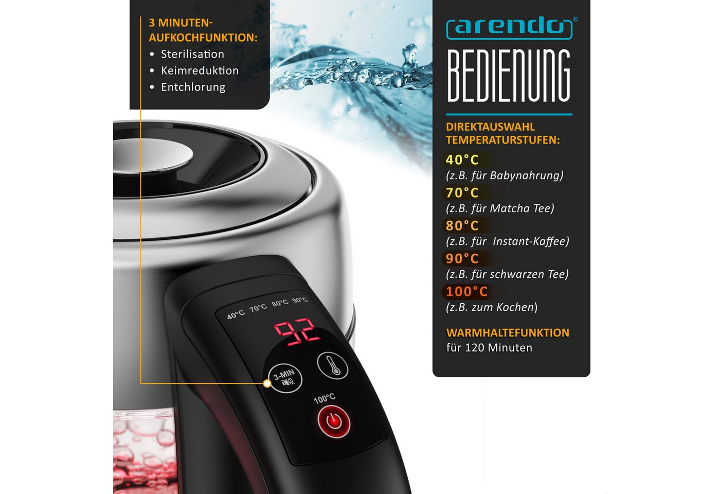 Arendo Wasserkocher 2in1 Glas-Wasserkocher & Teekocher mit Teesieb, Temperaturwahl, 1,7 l, 2200 W, Temperaturwahl 40 - 100 °C, Warmhaltefunktion, LED-Farbring, BPA-frei Bild 2
