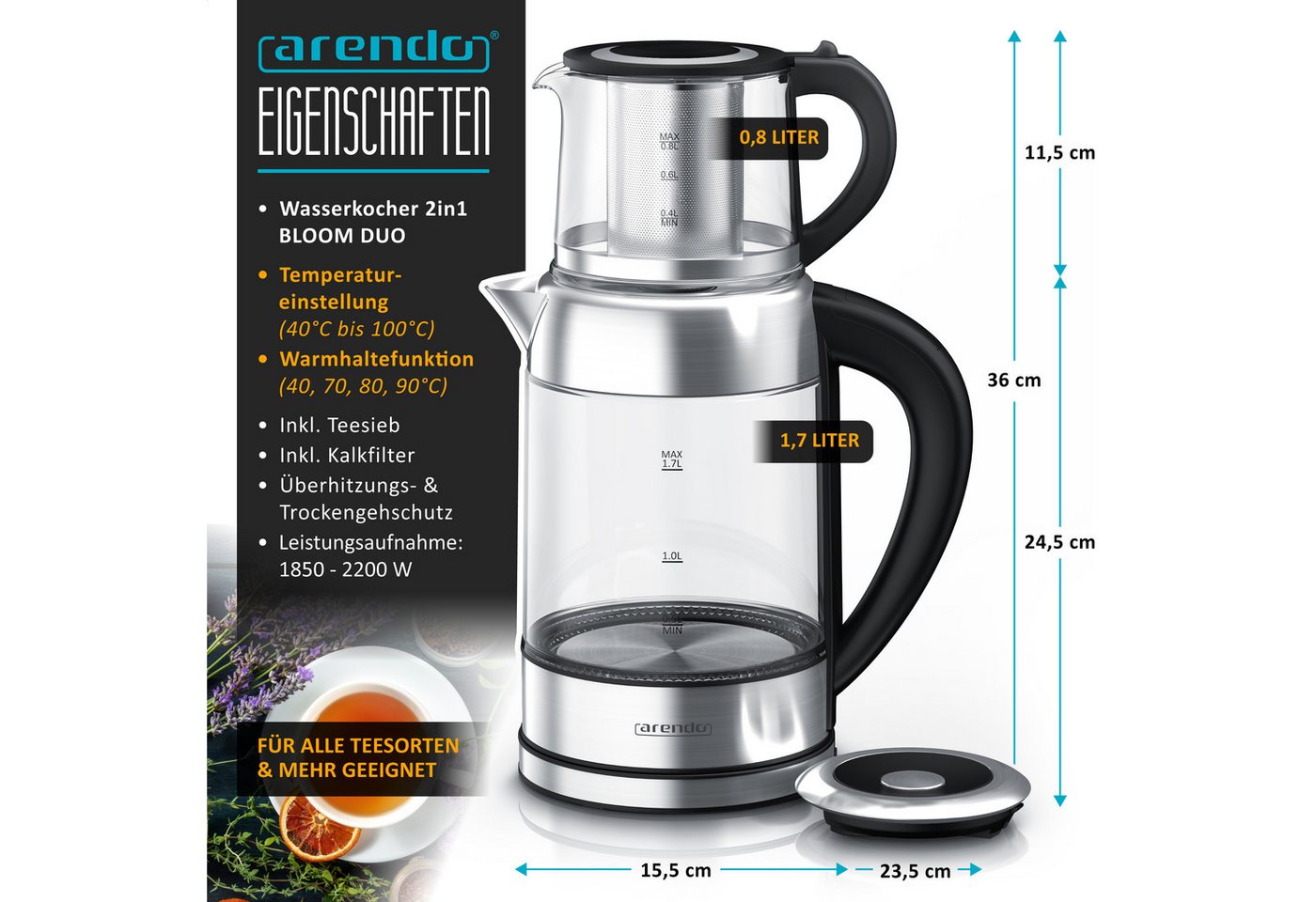 Arendo Wasserkocher 2in1 Glas-Wasserkocher & Teekocher mit Teesieb, Temperaturwahl, 1,7 l, 2200 W, Temperaturwahl 40 - 100 °C, Warmhaltefunktion, LED-Farbring, BPA-frei Bild 3