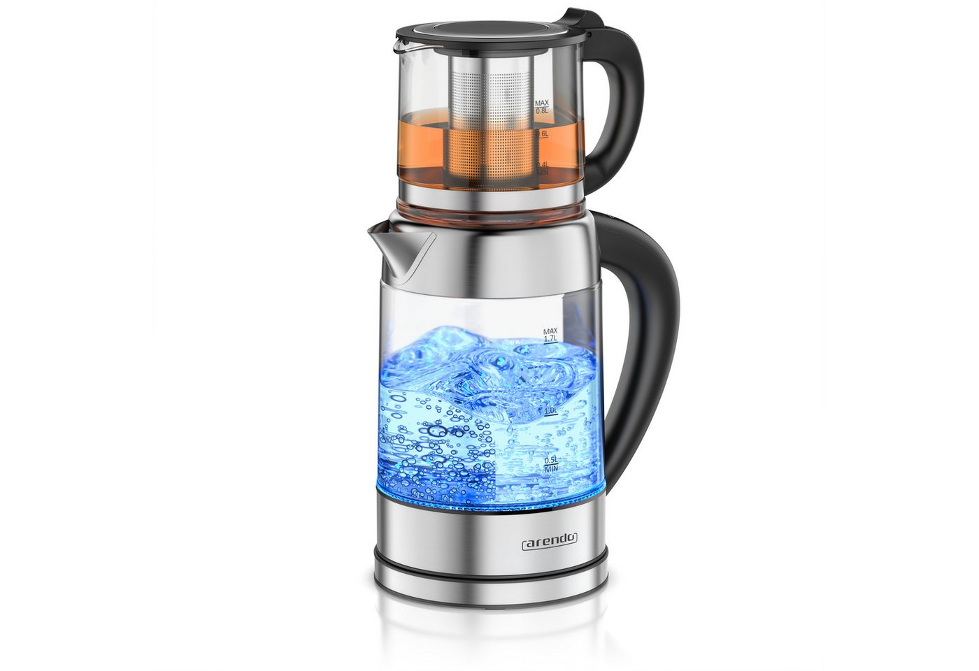 Arendo Wasserkocher 2in1 Glas-Wasserkocher & Teekocher mit Teesieb, Temperaturwahl, 1,7 l, 2200 W, Temperaturwahl 40 - 100 °C, Warmhaltefunktion, LED-Farbring, BPA-frei Bild 4