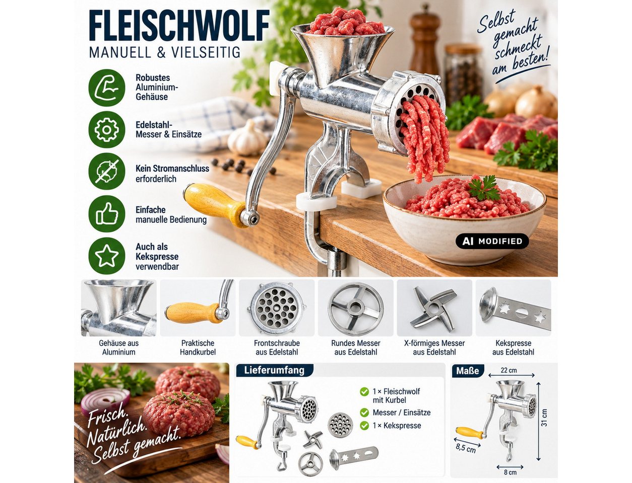 Haushalt International Fleischwolf manueller Fleisch-Wolf mit Kurbel und Plätzchenaufsatz