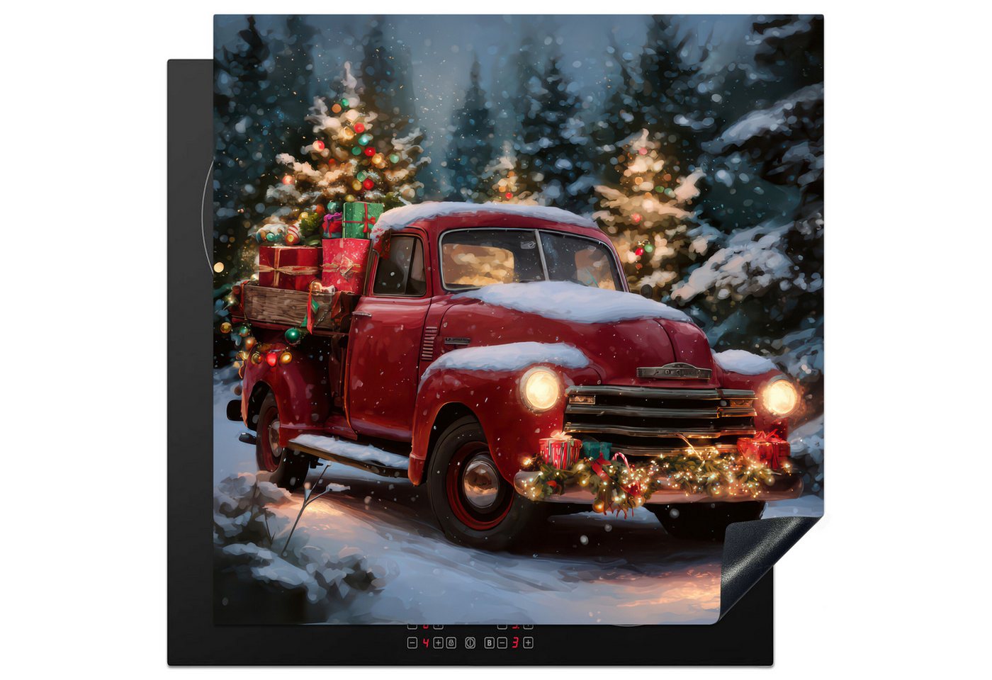 MuchoWow Herd-Abdeckplatte Weihnachts-LKW - Schneewald - Rot, Vinyl, (1 tlg), Cerankochfeld Abdeckung, Herd Abdeckplatten Vinyl, 58x59 cm Bild 2