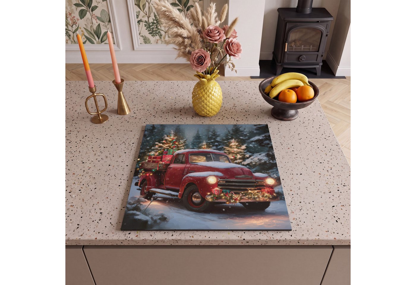 MuchoWow Herd-Abdeckplatte Weihnachts-LKW - Schneewald - Rot, Vinyl, (1 tlg), Cerankochfeld Abdeckung, Herd Abdeckplatten Vinyl, 58x59 cm Bild 4