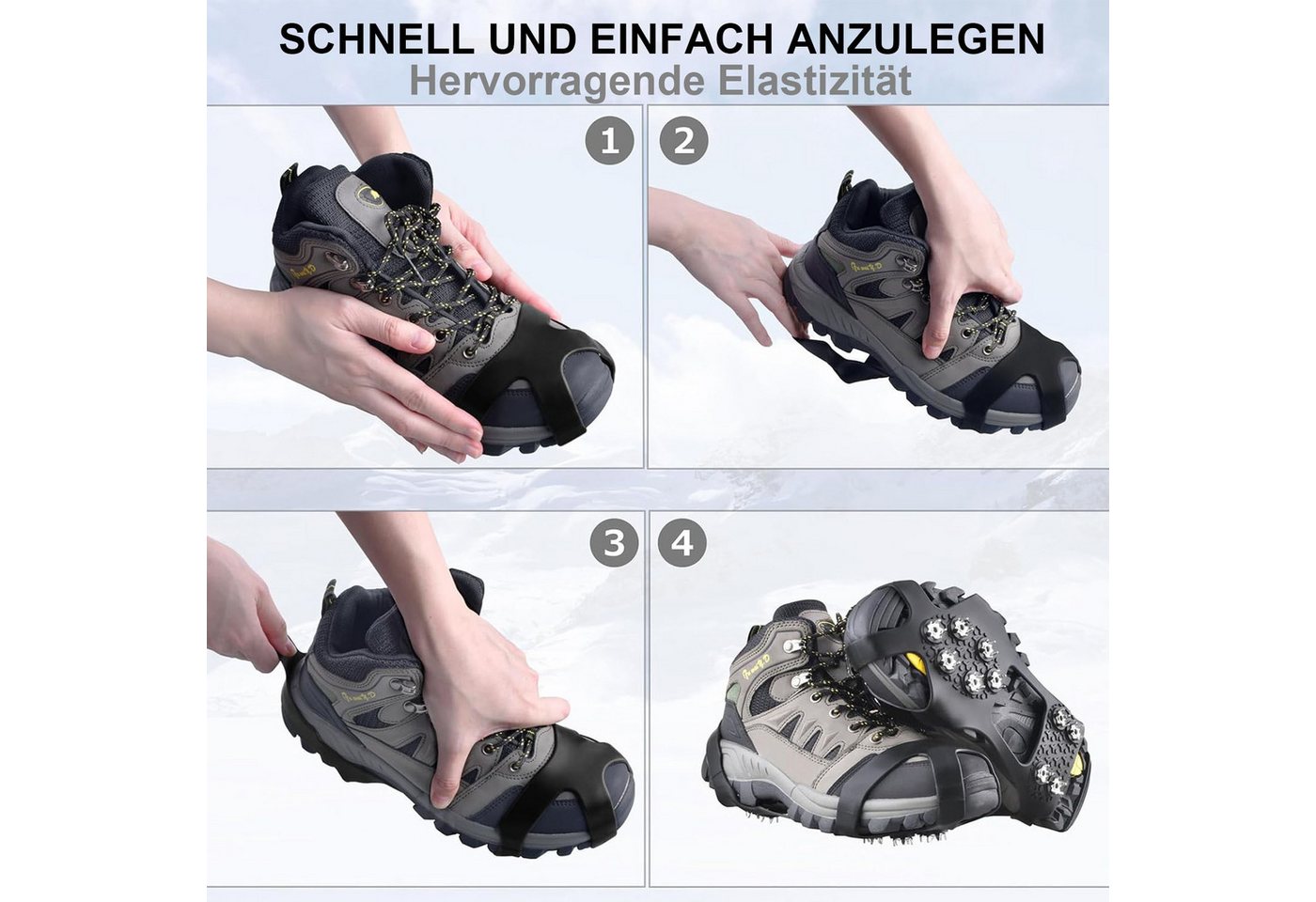 Mutig Spikes Schuhspikes 3 Paar, hochelastisch und verstärkt, mit 10 Spikes (Schuhspikes für Bergschuhe mit Zähnen, Schuhkrallen aus Manganstahl, Crampons zum Überziehen für Winter,Steigeisen Für Damen und Herren), Rutschfest Spikes für Gehen Wandern Trekking Eisfischen Winter Outdoor Bild 3