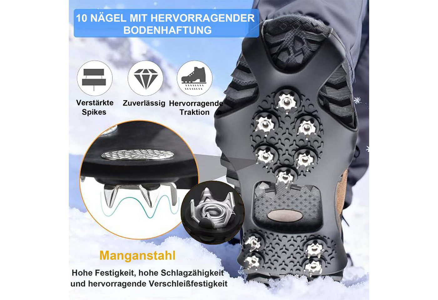 Mutig Spikes Schuhspikes 3 Paar, hochelastisch und verstärkt, mit 10 Spikes (Schuhspikes für Bergschuhe mit Zähnen, Schuhkrallen aus Manganstahl, Crampons zum Überziehen für Winter,Steigeisen Für Damen und Herren), Rutschfest Spikes für Gehen Wandern Trekking Eisfischen Winter Outdoor Bild 4
