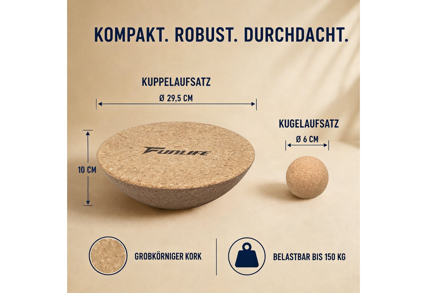 FunLife Balanceboard BALANCE DUO, 2-teiliges Balance-Board-Zubehör aus Kork mit Kuppel- und Kugelaufsatz Bild 3