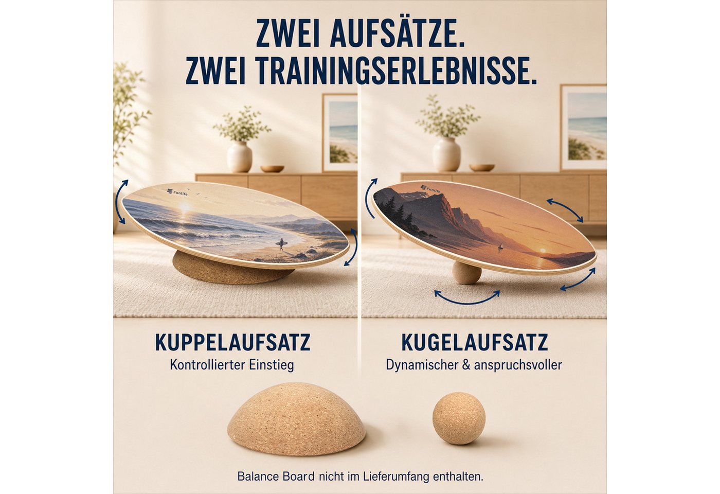 FunLife Balanceboard BALANCE DUO, 2-teiliges Balance-Board-Zubehör aus Kork mit Kuppel- und Kugelaufsatz Bild 5