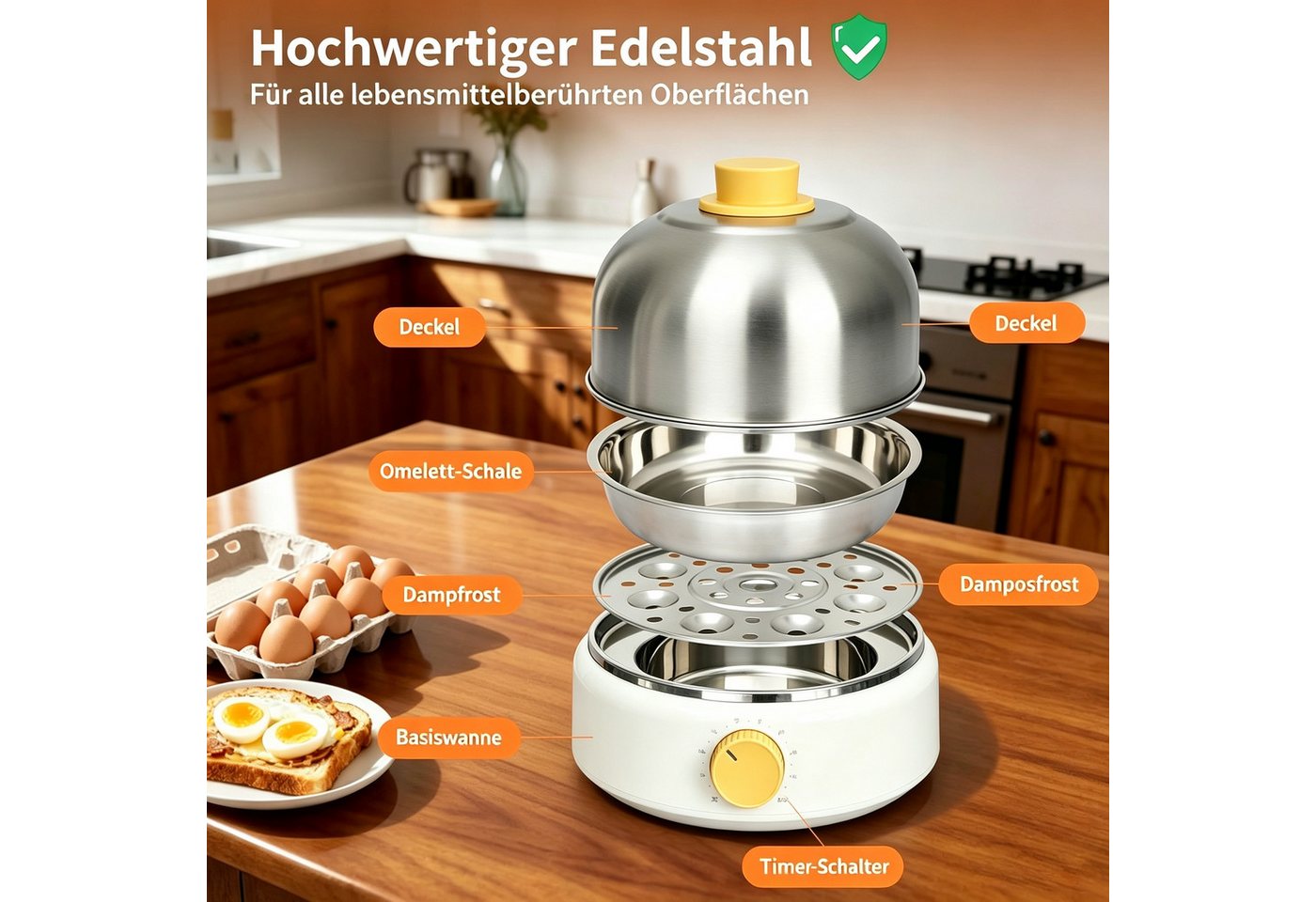 Toomoke Eierkocher Eierkocher Edelstahl inkl. Messbecher mit Eipick Überhitzungsschutz, 400 W, mit Härtegradeinstellung, Timer, für Frühstückseier von weich bis hart Bild 5