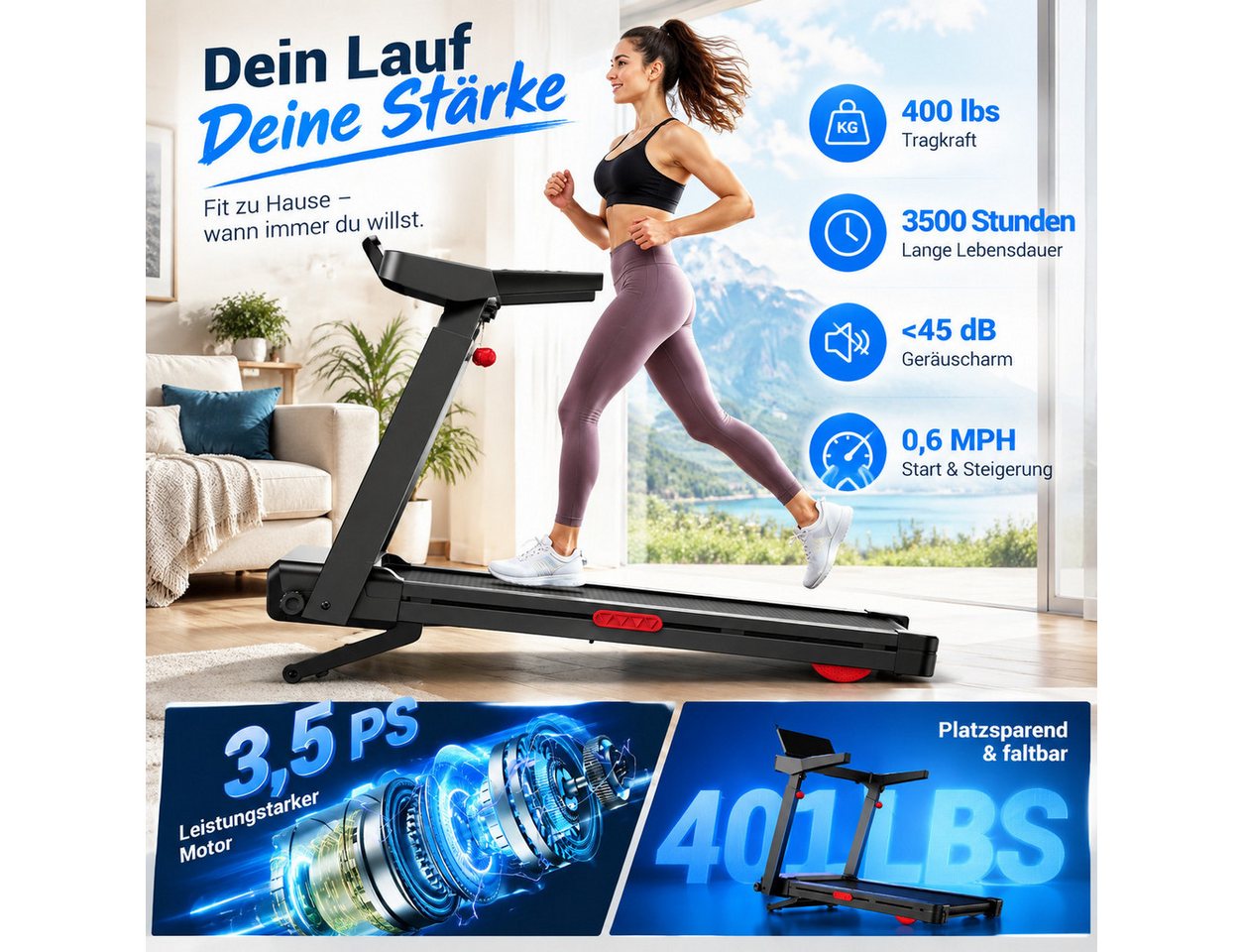 BAYMATE Laufband mit automatischer Steigung (3,5 HP Motor, bis 181 kg Belastung, Bild 4