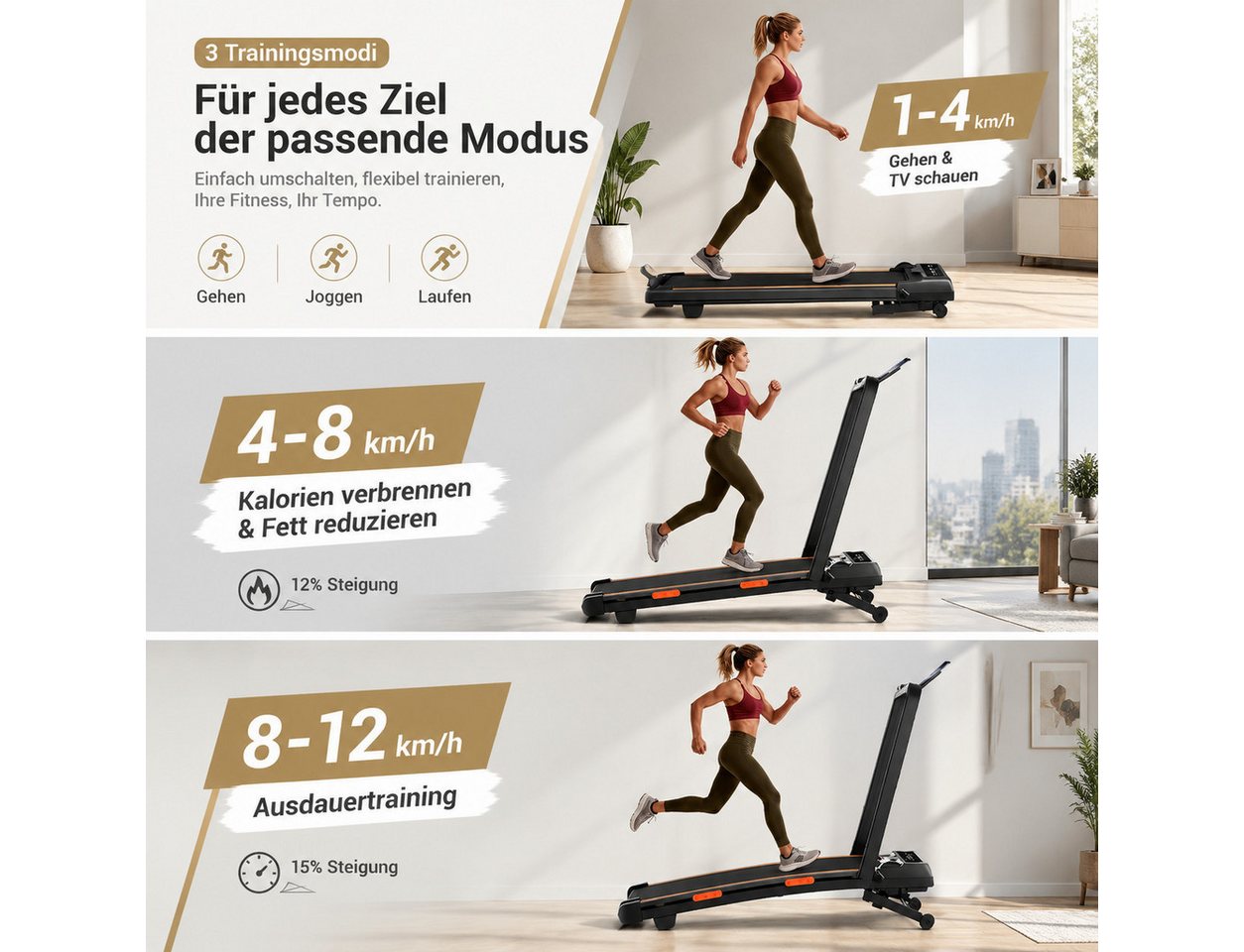 BAYMATE Laufband mit automatischer Steigung (20% Auto-Steigung, 1-12 km/h, 160 kg Belastung, Walking Pad mit Fernbedienung) Bild 4