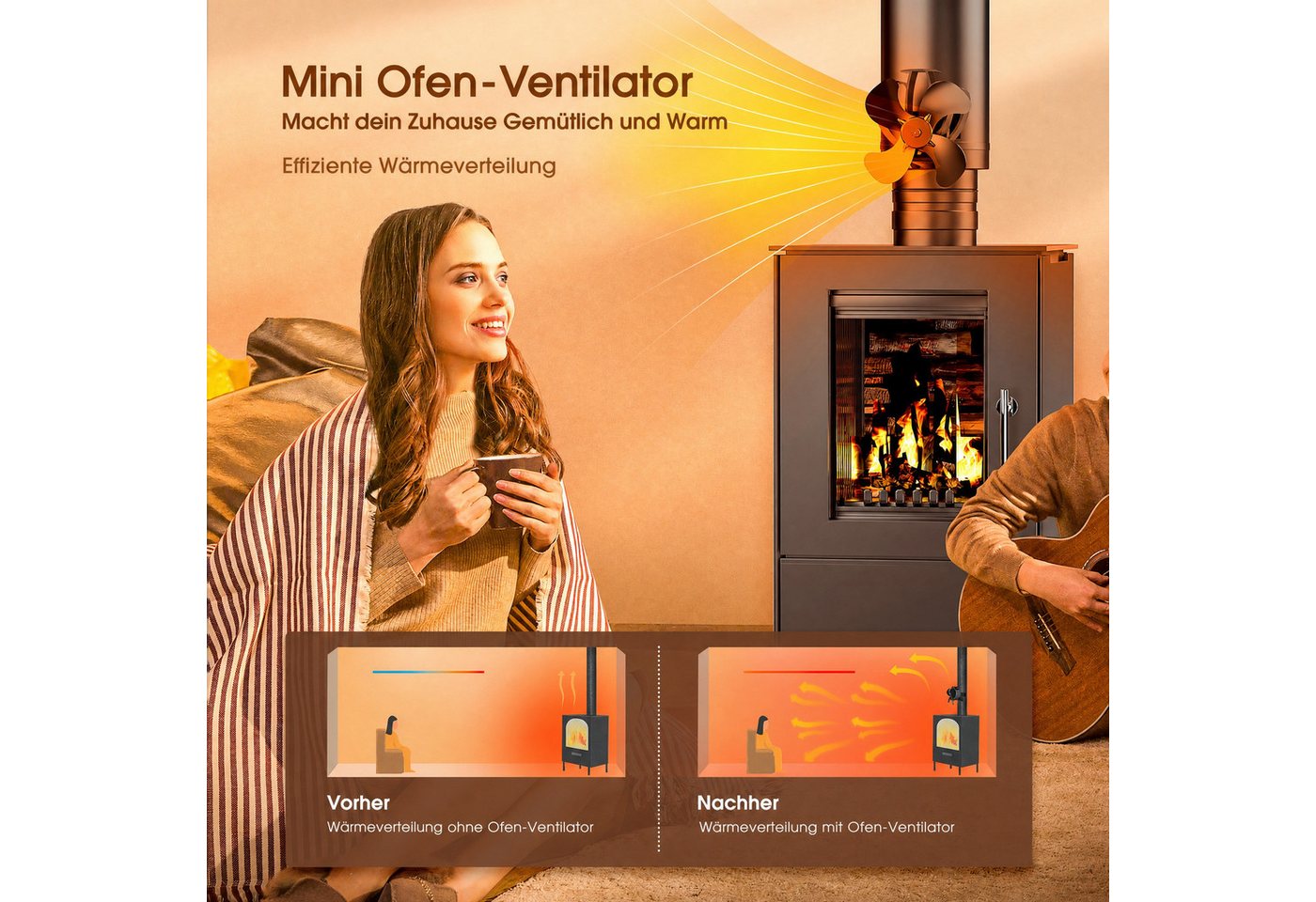 Wootoy Kaminventilator Mini Ofenventilator mit Magnetbefestigung leiser 4-Flügel Heizlüfter, thermoelektrisch 105 CFM für für Kamin Kaminöfen Holzöfen Öfen Bild 2