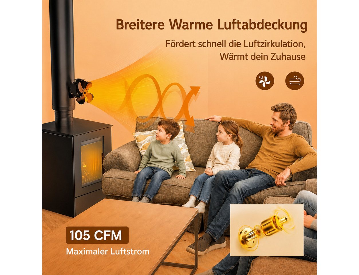 Wootoy Kaminventilator Mini Ofenventilator mit Magnetbefestigung leiser 4-Flügel Heizlüfter, thermoelektrisch 105 CFM für für Kamin Kaminöfen Holzöfen Öfen Bild 3