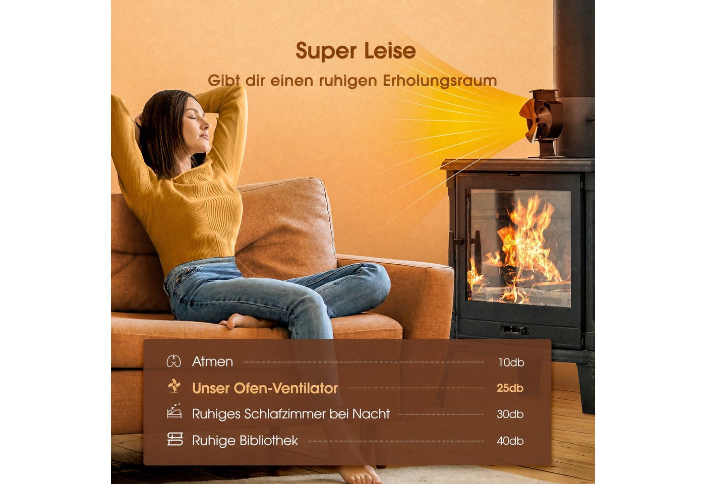 Wootoy Kaminventilator Mini Ofenventilator mit Magnetbefestigung leiser 4-Flügel Heizlüfter, thermoelektrisch 105 CFM für für Kamin Kaminöfen Holzöfen Öfen Bild 4
