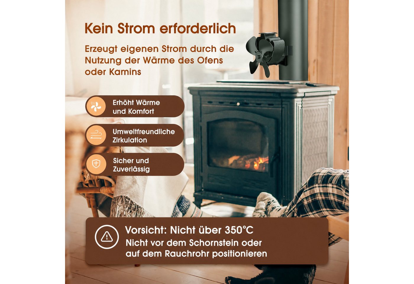 Wootoy Kaminventilator Mini Ofenventilator mit Magnetbefestigung leiser 4-Flügel Heizlüfter, thermoelektrisch 105 CFM für für Kamin Kaminöfen Holzöfen Öfen Bild 5
