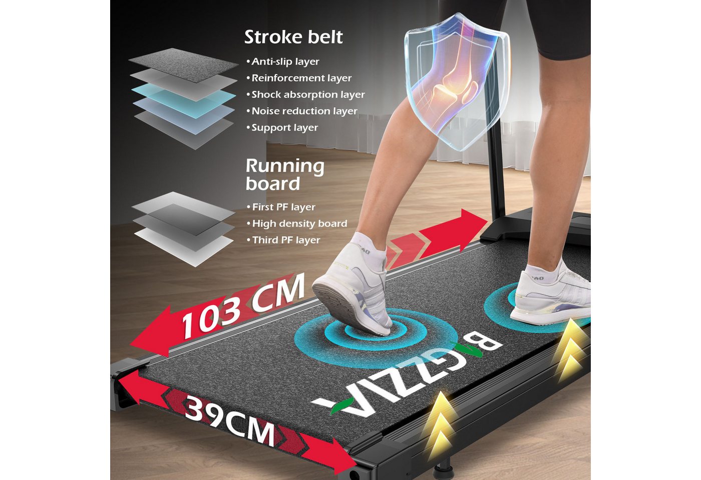 BIGZZIA Laufband – 4-in-1-Elektrolaufband - Klappbares Laufbänder (Motor 3, 0 PS - Fläche 39 x103 cm - ultrakompakt), - 1–12 km/h einstellbar - Mit App und Bluetooth - Bis 120 kg Bild 2