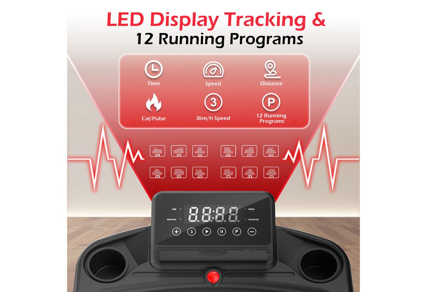 BIGZZIA Laufband – 4-in-1-Elektrolaufband - Klappbares Laufbänder (Motor 3, 0 PS - Fläche 39 x103 cm - ultrakompakt), - 1–12 km/h einstellbar - Mit App und Bluetooth - Bis 120 kg Bild 3