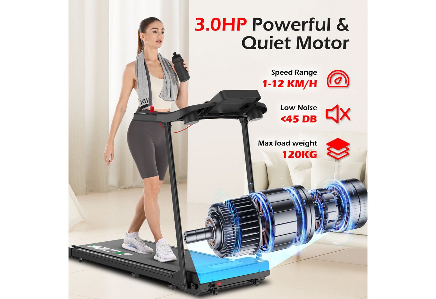BIGZZIA Laufband – 4-in-1-Elektrolaufband - Klappbares Laufbänder (Motor 3, 0 PS - Fläche 39 x103 cm - ultrakompakt), - 1–12 km/h einstellbar - Mit App und Bluetooth - Bis 120 kg Bild 4