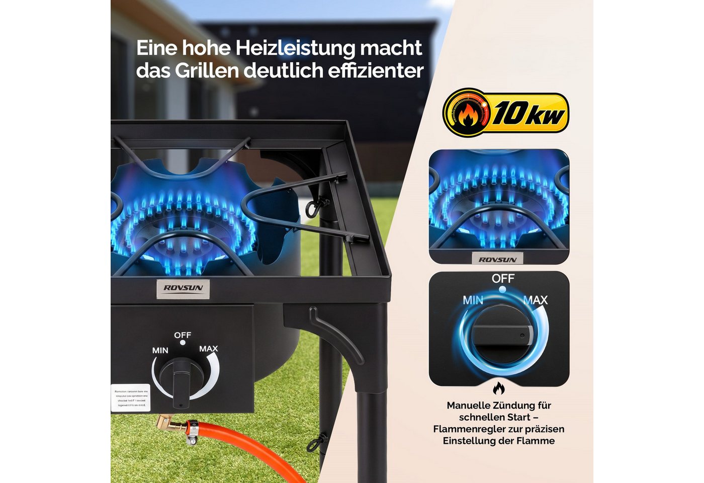 VINGLI Gaskocher Camping Hockerkocher Tragbarer mit Brennerkopf, Höhenverstellbar, (1 Brennner), 4,6 kW 50 mbar, ideal für Garten, Camping & Nachtmarkt Bild 2