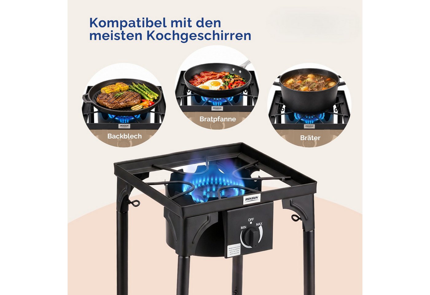 VINGLI Gaskocher Camping Hockerkocher Tragbarer mit Brennerkopf, Höhenverstellbar, (1 Brennner), 4,6 kW 50 mbar, ideal für Garten, Camping & Nachtmarkt Bild 3