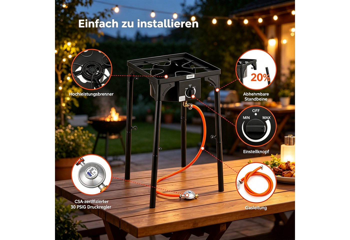 VINGLI Gaskocher Camping Hockerkocher Tragbarer mit Brennerkopf, Höhenverstellbar, (1 Brennner), 4,6 kW 50 mbar, ideal für Garten, Camping & Nachtmarkt Bild 4