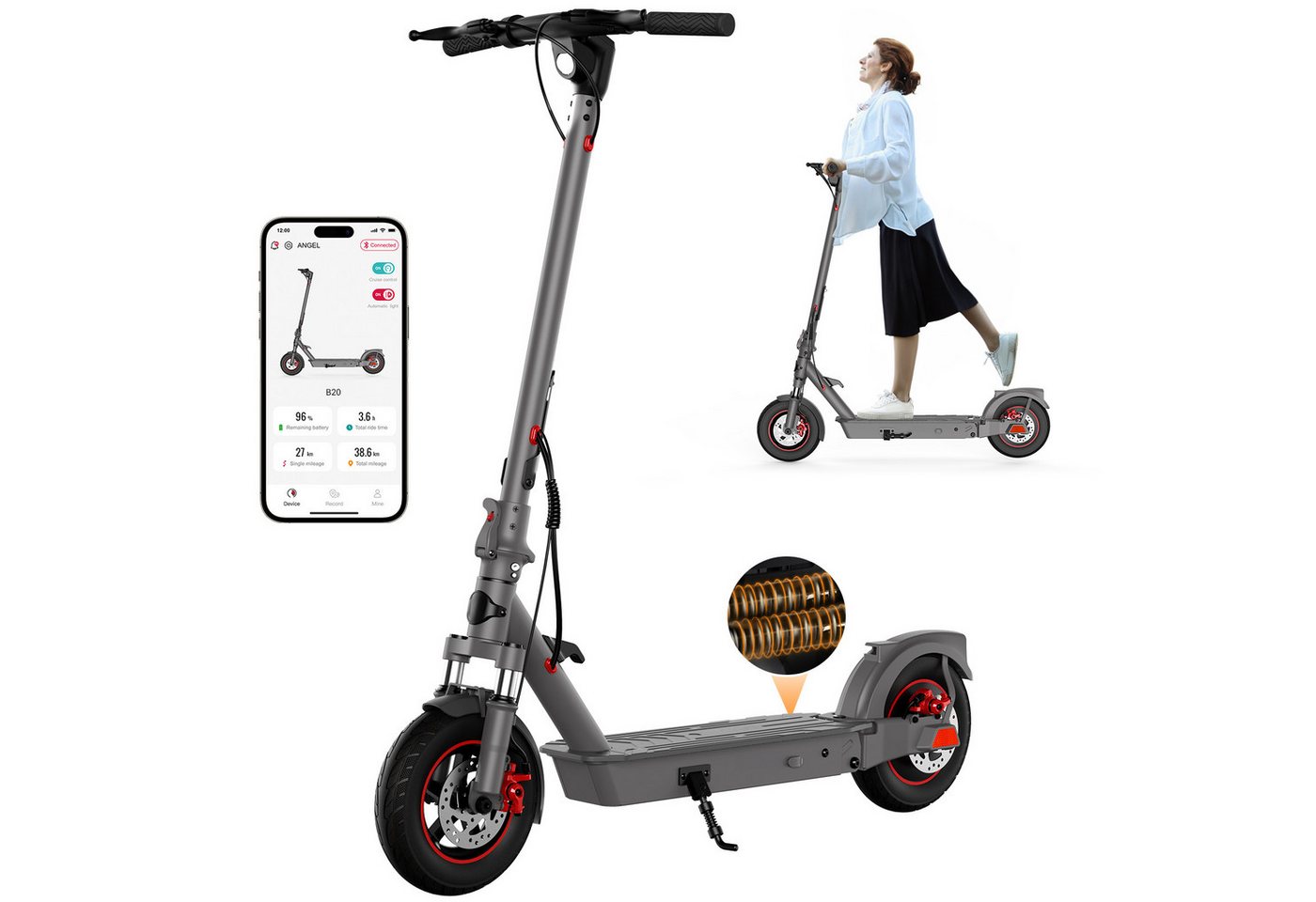 SISIGAD E-Scooter 10'' Elektroroller Erwachsene, 20 km/h, 42 km Reichweite, 36V 10,4Ah, (Inklusive Schutzbleche), Faltbarer E-Scooter mit Bluetooth App, Vorder- und Hinterradfederung