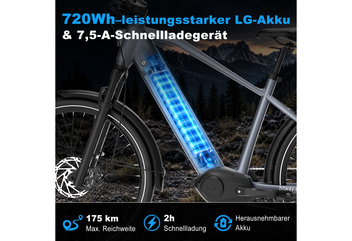 HITWAY E-Bike Cityrad Bis zu 175 km, 2h Schnellladen, 250W Nennleistung, 120 Nm, 720 Wh, 7 Gang, Kettenschaltung, Mittelmotor, 720 Wh, 750W Spitzenleistung, Drehmomentsensor, Lockout-Gabel, Hydr. Bremsen Bild 2