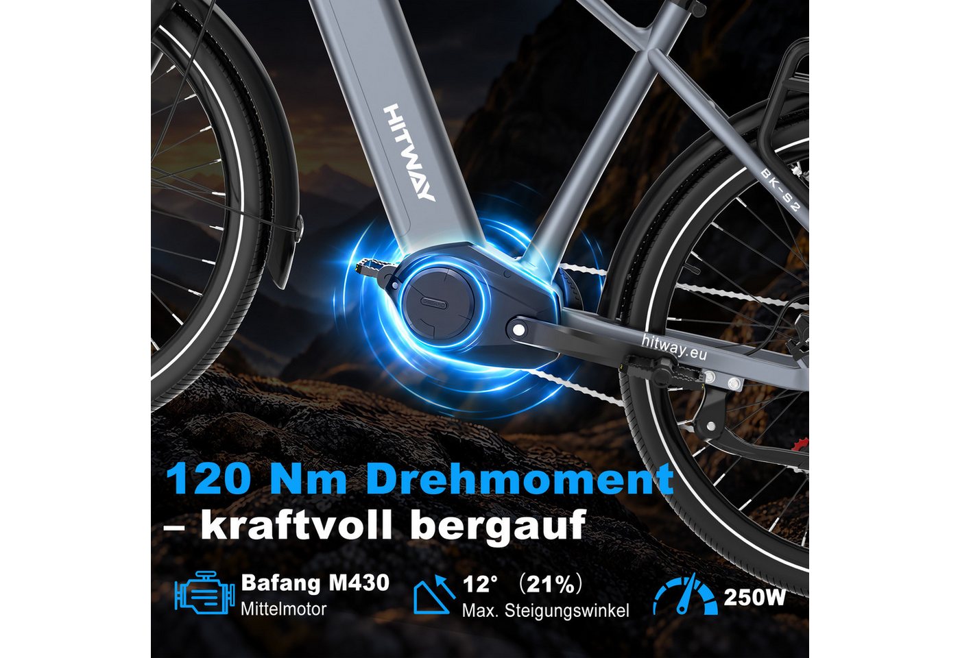 HITWAY E-Bike Cityrad Bis zu 175 km, 2h Schnellladen, 250W Nennleistung, 120 Nm, 720 Wh, 7 Gang, Kettenschaltung, Mittelmotor, 720 Wh, 750W Spitzenleistung, Drehmomentsensor, Lockout-Gabel, Hydr. Bremsen Bild 4