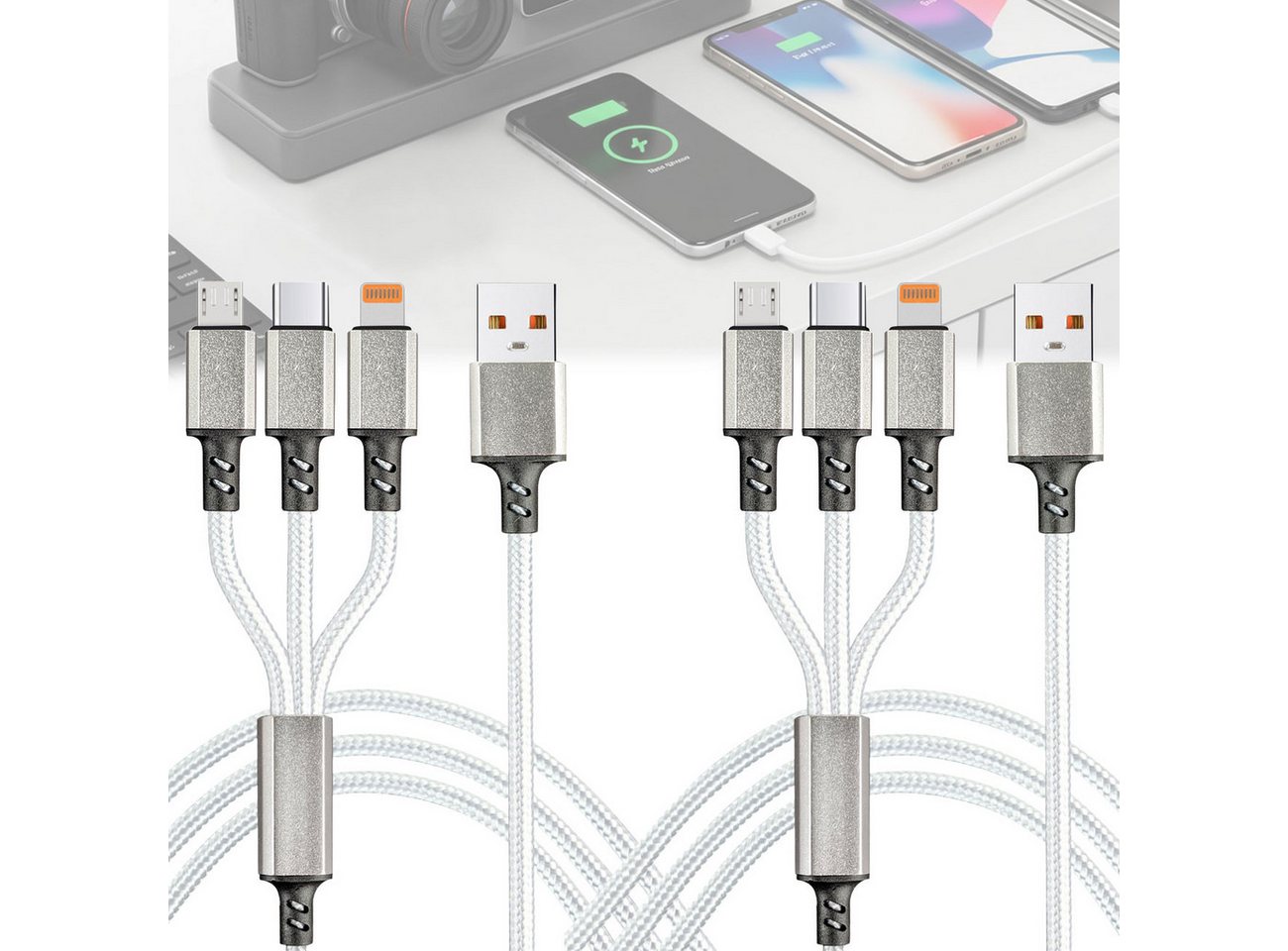 shop'n smile ideoon 3in1 Universal USB-Schnellladekabel, 25W Micro-USB, USB-C & Lightning USB-Ladegerät (2-tlg., 1er-Set & 2er-Set & 3er-Set, 3in1 Ladekabel 120cm / 25W Schnellladefunktion & Textilummantelung)