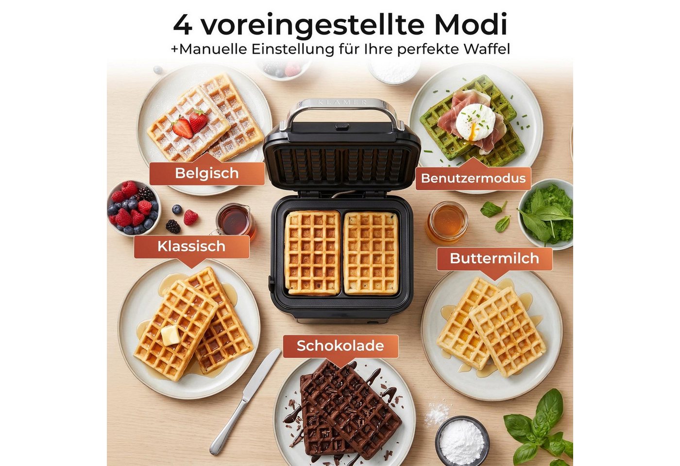 KLAMER Waffeleisen 1200W, Abnehmbare Platten, 5 Programme, 8 Stufen, 1200 W, Abnehmbare Platten, 5 Programme, 8 Bräunungsstufen