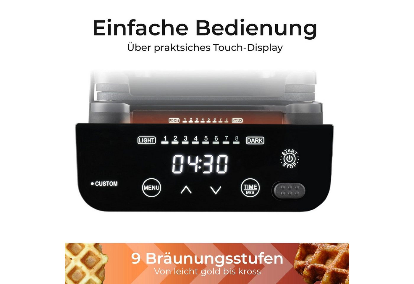 KLAMER Waffeleisen 1200W, Abnehmbare Platten, 5 Programme, 8 Stufen, 1200 W, Abnehmbare Platten, 5 Programme, 8 Bräunungsstufen Bild 3