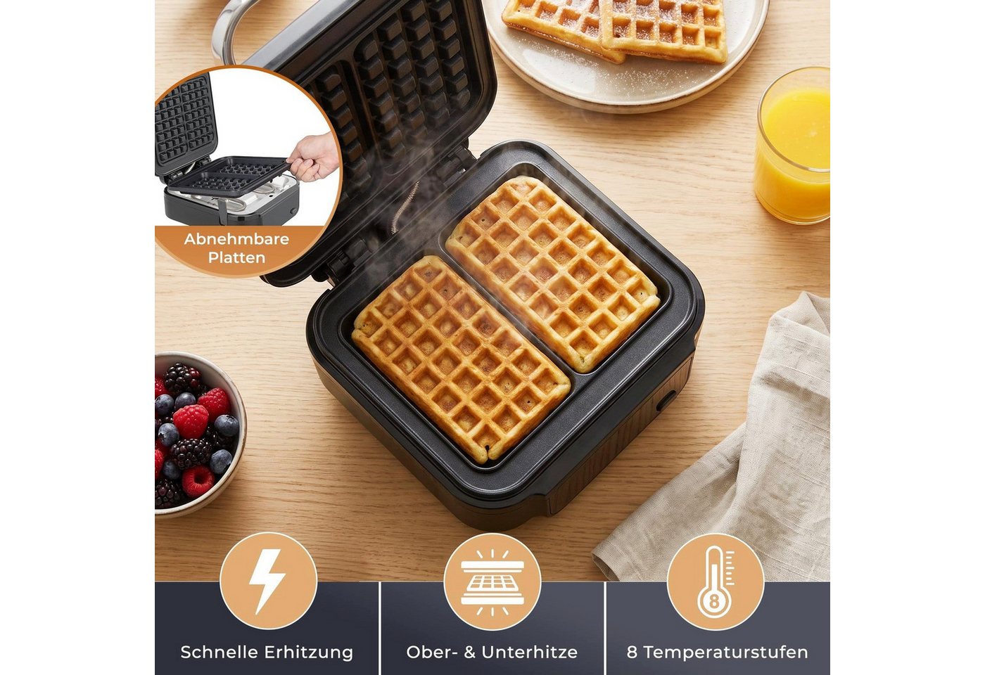 KLAMER Waffeleisen 1200W, Abnehmbare Platten, 5 Programme, 8 Stufen, 1200 W, Abnehmbare Platten, 5 Programme, 8 Bräunungsstufen Bild 5