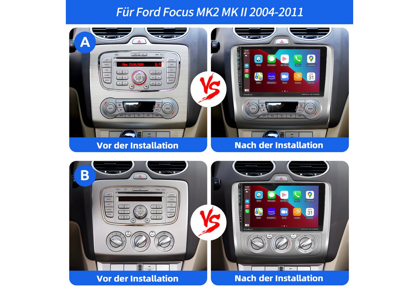 ESSGOO DAB+ 64G Android 15 Für Ford Focus MK2 MK II 2004-2011 Carplay RDS SWC Autoradio (RDS, 4+64GB(optional), Digitalradio (DAB), FM, USB- und Type-C, AM, SWC, Carplay Android Auto Bluetooth EQ USB GPS Navi WIFI IPS Touchscreen)
