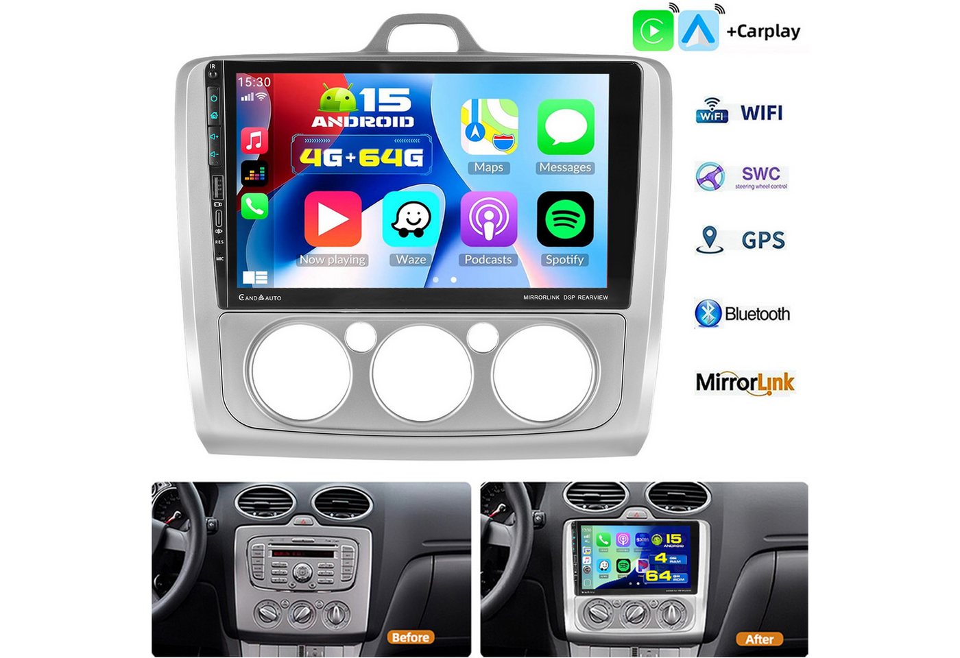 ESSGOO DAB+ 64G Android 15 Für Ford Focus MK2 MK II 2004-2011 Carplay RDS SWC Autoradio (RDS, 4+64GB(optional), Digitalradio (DAB), FM, USB- und Type-C, AM, SWC, Carplay Android Auto Bluetooth EQ USB GPS Navi WIFI IPS Touchscreen) Bild 3