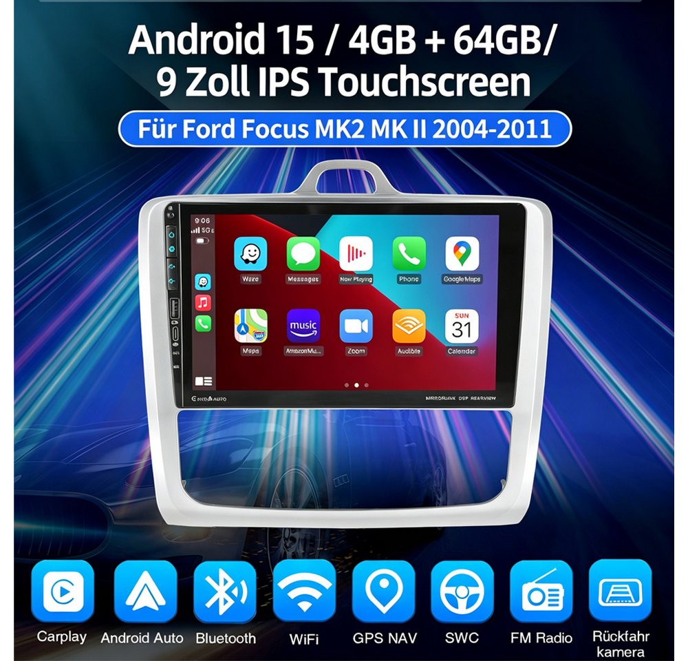 ESSGOO DAB+ 64G Android 15 Für Ford Focus MK2 MK II 2004-2011 Carplay RDS SWC Autoradio (RDS, 4+64GB(optional), Digitalradio (DAB), FM, USB- und Type-C, AM, SWC, Carplay Android Auto Bluetooth EQ USB GPS Navi WIFI IPS Touchscreen) Bild 4