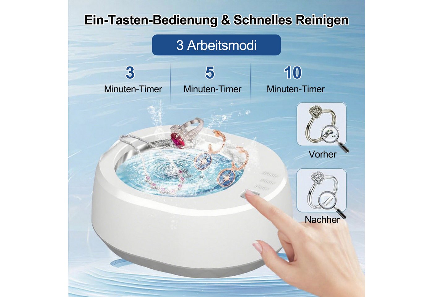 MOPUEA Ultraschallreiniger Ultraschallreiniger 49kHz 340ml Edelstahl 3 Modi Schmuckreiniger, 49kHz Ultraschall 340ml Tank LED Timer Edelstahl Reinigung Bild 5
