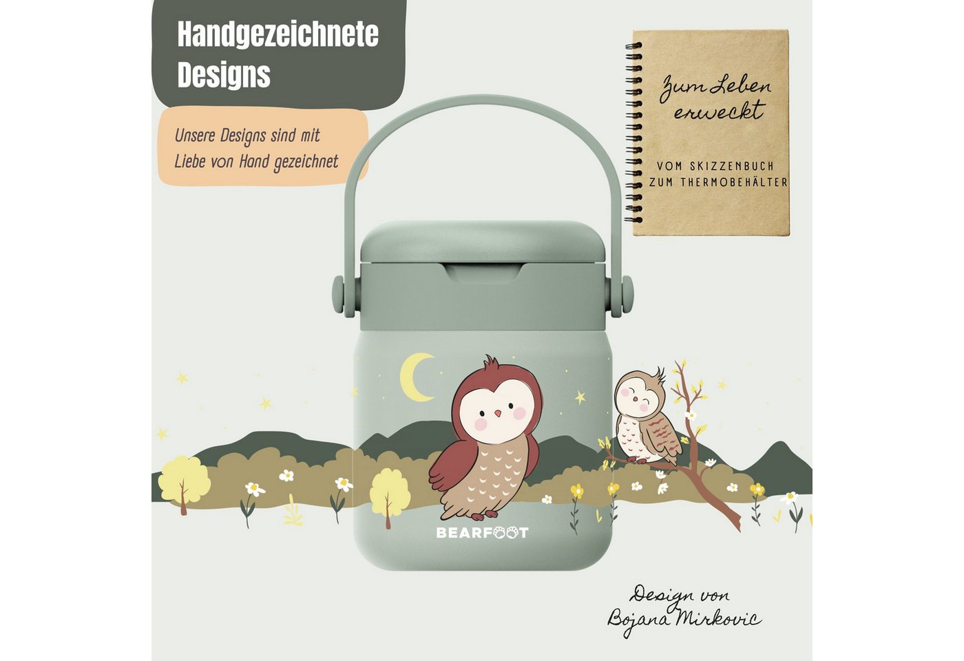BEARFOOT Trinkflasche Thermobehälter Kinder Edelstahl - Eule Sabei, Thermobehälter, auslaufsicher, Edelstahl, Food jar, BPA-frei