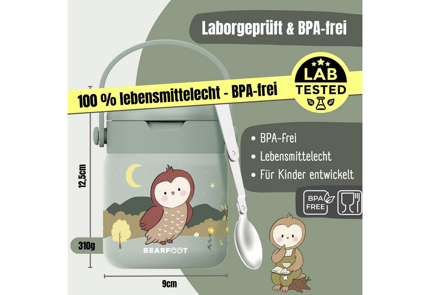 BEARFOOT Trinkflasche Thermobehälter Kinder Edelstahl - Eule Sabei, Thermobehälter, auslaufsicher, Edelstahl, Food jar, BPA-frei Bild 3
