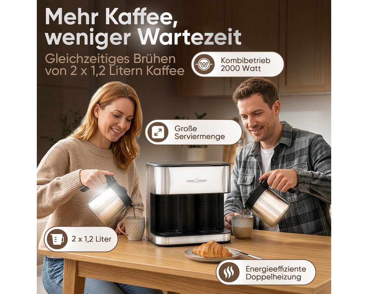 ProfiCook Filterkaffeemaschine PC-KAD 1307, Bis zu 24 Tassen, 2 Kannen, Einzel-/Kombibetrieb