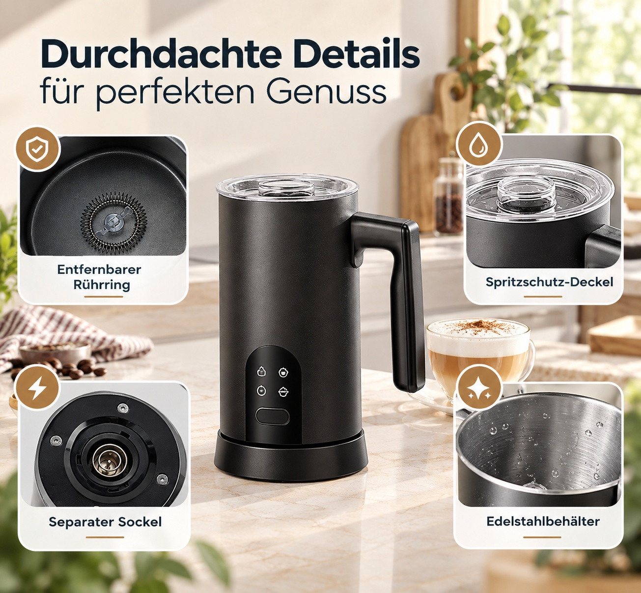 Fofile Milchaufschäumer Milchaufschäumer elektrisch, 4-in-1 Milchaufschäumer, 420–500 W, 500 W, Cremiger Milchschaum, warm oder kalt, für Cappuccino & Latte