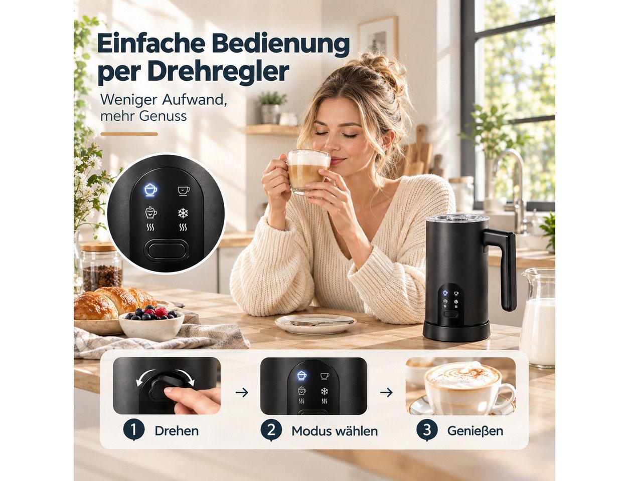 Fofile Milchaufschäumer Milchaufschäumer elektrisch, 4-in-1 Milchaufschäumer, 420–500 W, 500 W, Cremiger Milchschaum, warm oder kalt, für Cappuccino & Latte Bild 4