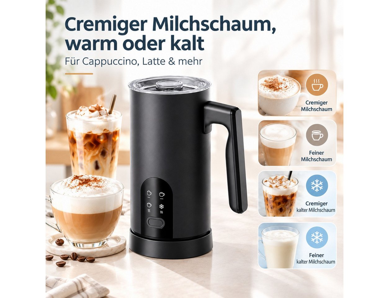 Fofile Milchaufschäumer Milchaufschäumer elektrisch, 4-in-1 Milchaufschäumer, 420–500 W, 500 W, Cremiger Milchschaum, warm oder kalt, für Cappuccino & Latte Bild 5