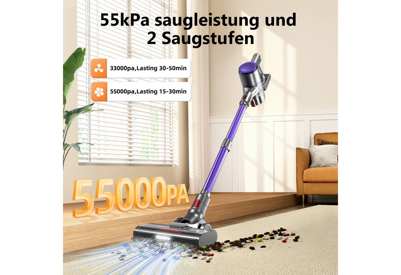 Elekiatech Akku-Hand-und Stielstaubsauger Akku-Staubsauger 55000Pa, Staubsauger Kabellos,55kPa/50Min, 55000Pa, 1.6 L Staubbehälter Bild 4
