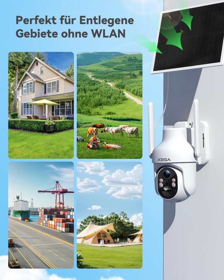XEGA Überwachungskamera 4G LTE Überwachungskamera Aussen Solar mit SIM Karte,Kamera ohne WLAN (Set, PIR Erkennung,Cloud/TF,IP66,4G-Datenvertrag erforderlich, 6W Solarpanel+ 10400mAh Akku,PTZ,Farb/IR Nachtsicht, 2-Wege-Audio)