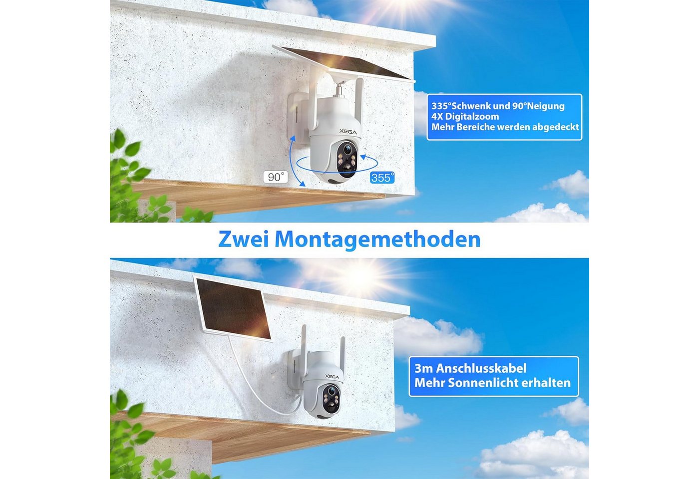 XEGA Überwachungskamera 4G LTE Überwachungskamera Aussen Solar mit SIM Karte,Kamera ohne WLAN (Set, PIR Erkennung,Cloud/TF,IP66,4G-Datenvertrag erforderlich, 6W Solarpanel+ 10400mAh Akku,PTZ,Farb/IR Nachtsicht, 2-Wege-Audio) Bild 2