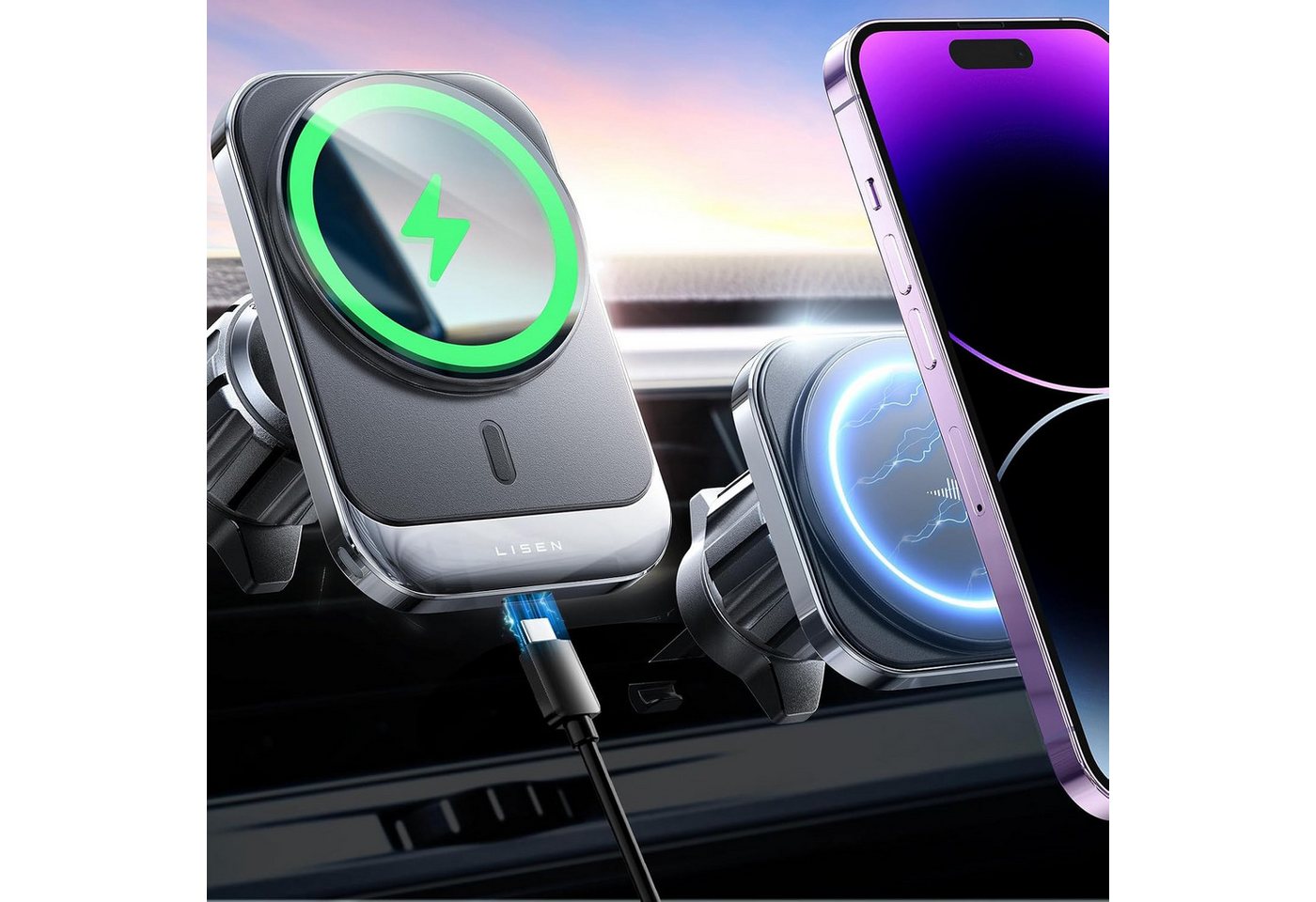 GreenHec 15W Wireless Charger Handyhalterung Auto Klemme KFZ Ladegerät Android Wireless Charger (15W Qi-Laden, Klemm-Arm, 4,7-6,9 Zoll, 360° drehbar, stoßdämpfend) Bild 5