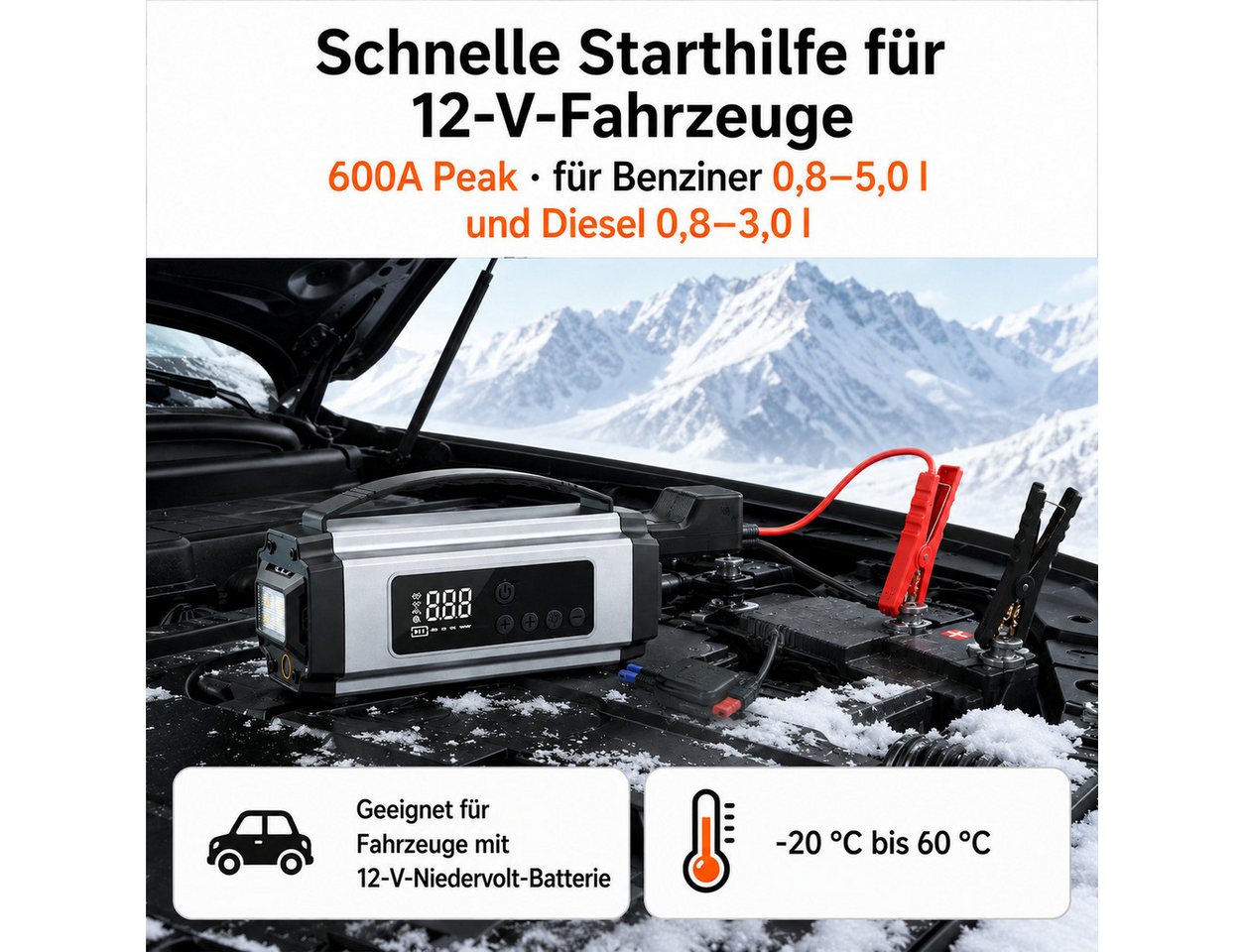 Toomoke Autokompressor mit Powerbank und Reifenfüller fürs Auto Starthilfegerät Autoluftpumpe mit Auto-Stopp für Auto, Motorrad und Fahrrad 8000 mAh (12 V), 600 A, 23 l/min, 150 PSI, 5 Pumpmodi und 8000-mAh-Akku