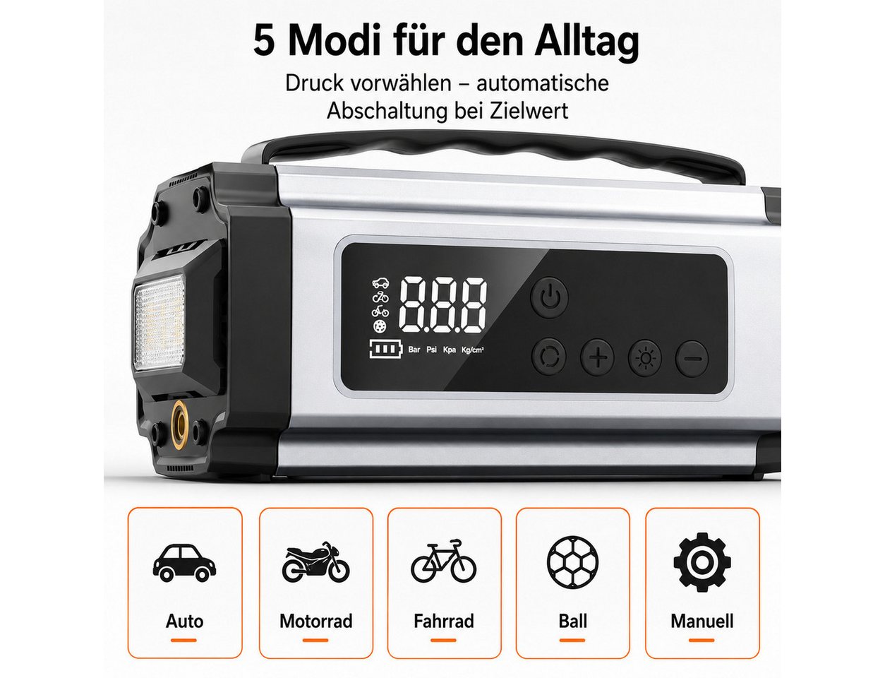 Toomoke Autokompressor mit Powerbank und Reifenfüller fürs Auto Starthilfegerät Autoluftpumpe mit Auto-Stopp für Auto, Motorrad und Fahrrad 8000 mAh (12 V), 600 A, 23 l/min, 150 PSI, 5 Pumpmodi und 8000-mAh-Akku Bild 2