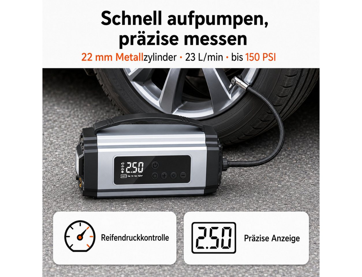 Toomoke Autokompressor mit Powerbank und Reifenfüller fürs Auto Starthilfegerät Autoluftpumpe mit Auto-Stopp für Auto, Motorrad und Fahrrad 8000 mAh (12 V), 600 A, 23 l/min, 150 PSI, 5 Pumpmodi und 8000-mAh-Akku Bild 5