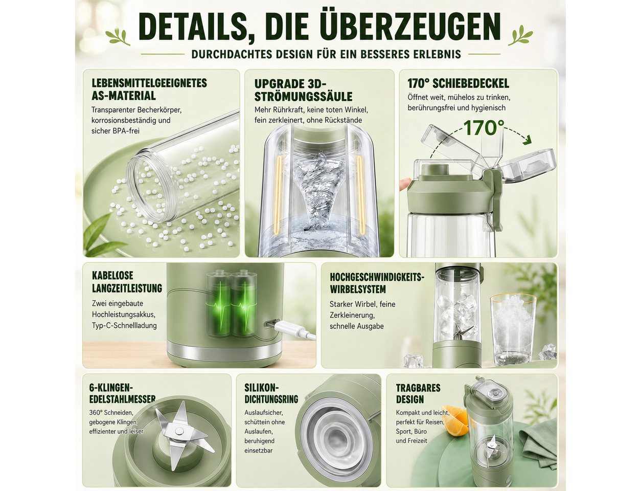 GLIESE Akku-Smoothie-Maker 650 ml – Tragbar, 16000 U/min, USB-C, 710 g für Unterwegs, 16000 U/min, 6 Klingen, USB-C, 2000 mAh, selbstreinigend & sicher