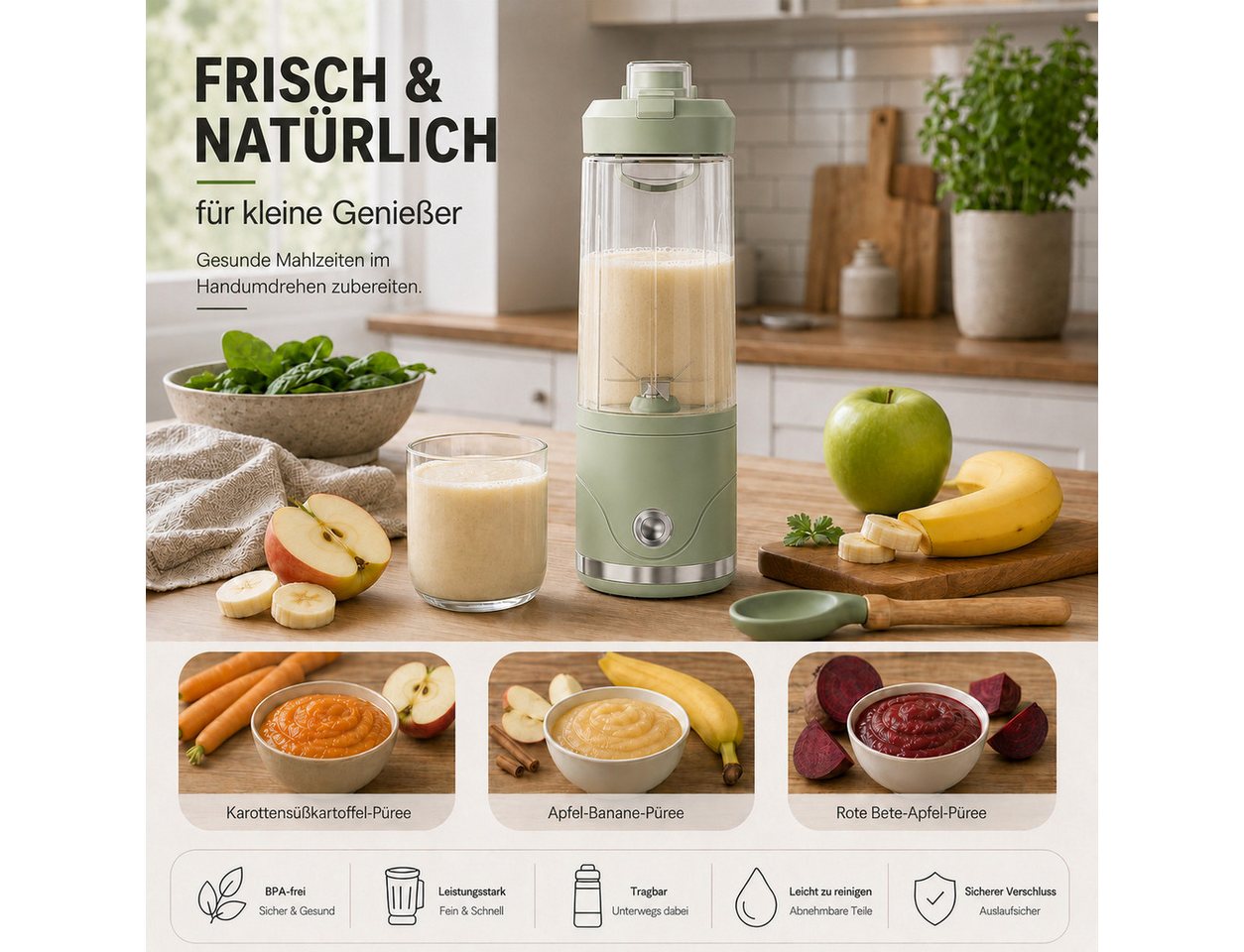 GLIESE Akku-Smoothie-Maker 650 ml – Tragbar, 16000 U/min, USB-C, 710 g für Unterwegs, 16000 U/min, 6 Klingen, USB-C, 2000 mAh, selbstreinigend & sicher Bild 5